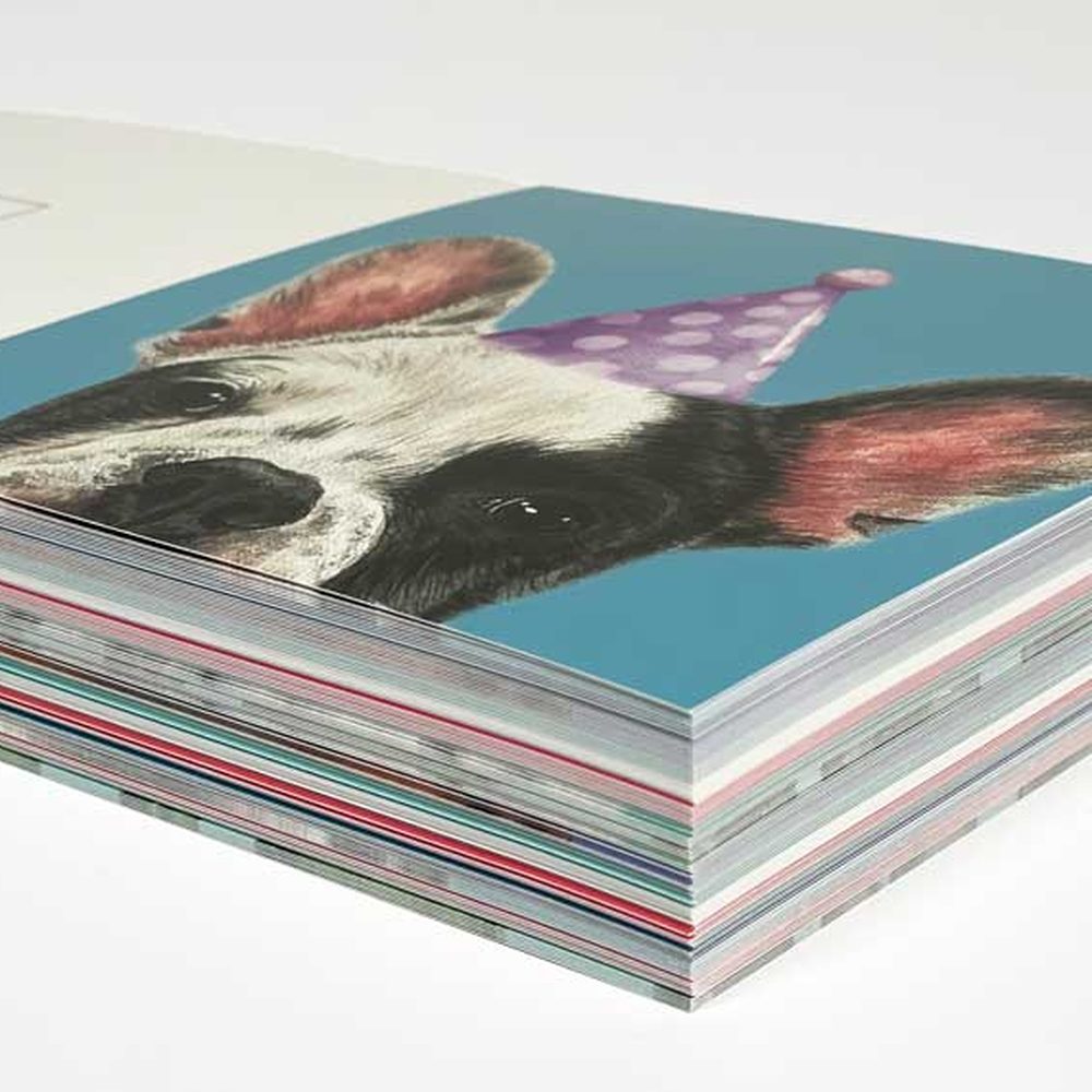 A stack of printed greeting cards topped with a French bulldog design