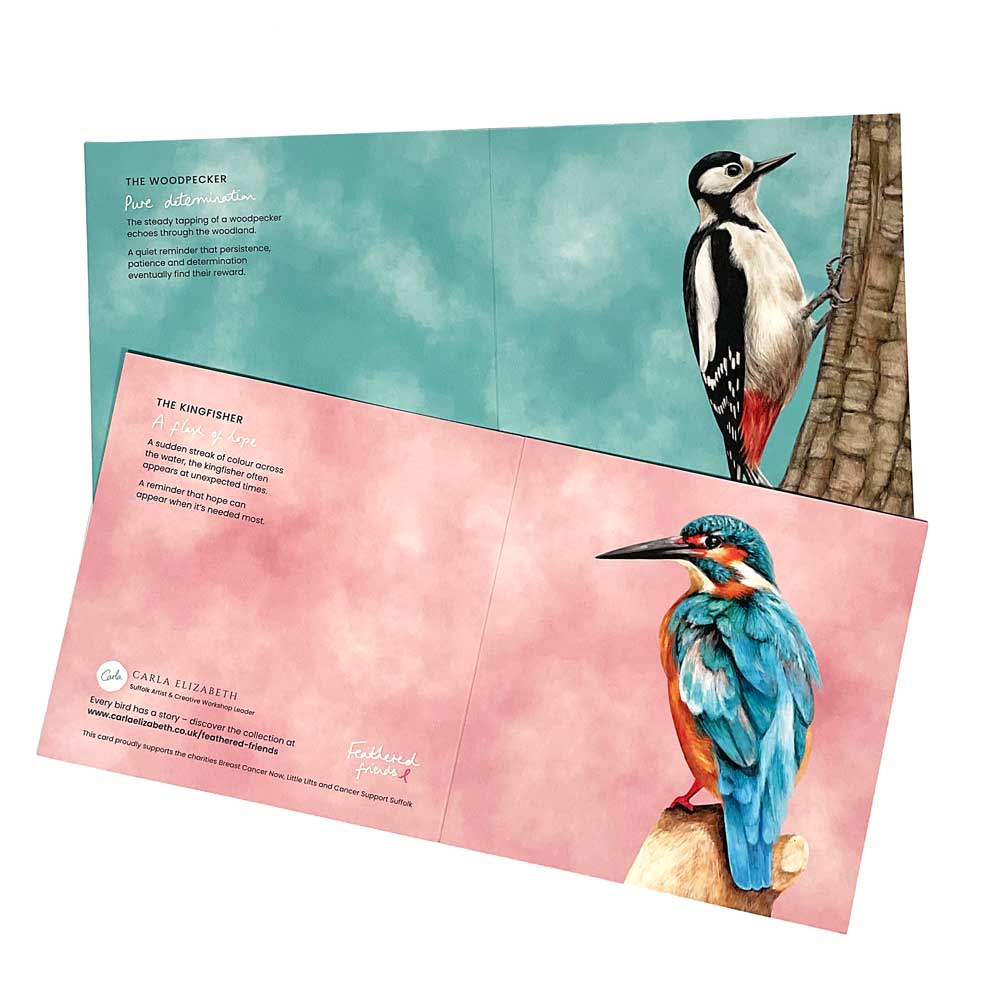 Two open self-designed greeting cards, a woodpecker and a kingfisher, printed by Redcliffe from the customer's own artwork