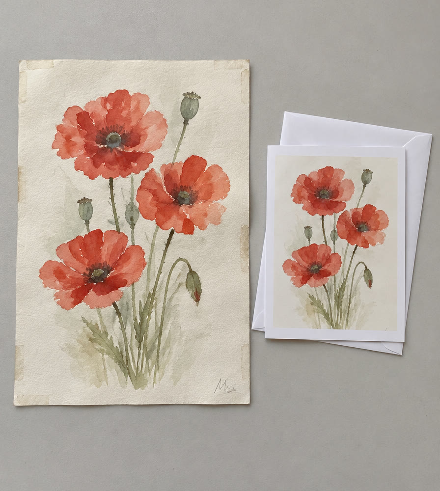 An original watercolour of three red poppies on a grey work surface, beside the greeting card printed from its scan and a white envelope